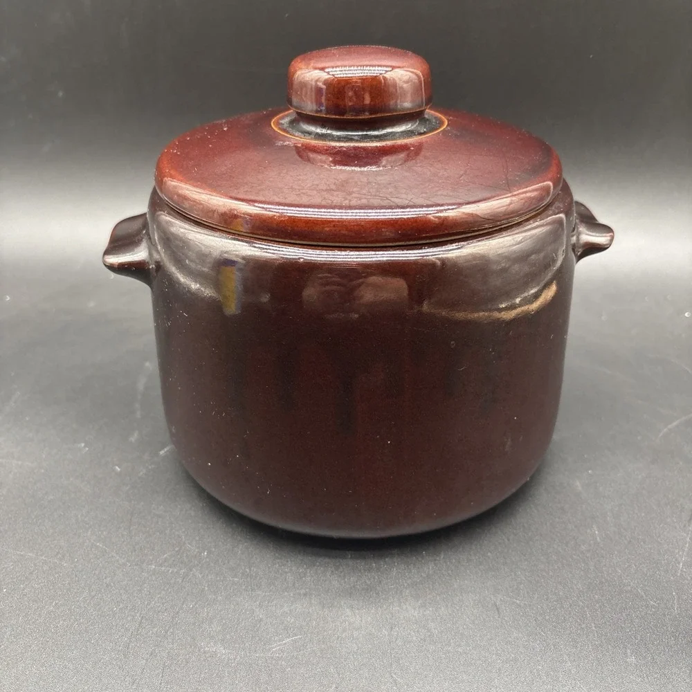 West Bend Brown Glazed Stoneware Bean Pot Crock with Lid Vintage Kitchen